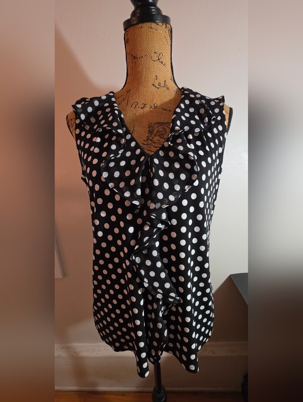 Calvin Klein Black and White Polka Dot Ruffle Camisole